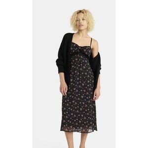 Women's‎ Maxi Dress with Lace Trim, Black With Mini Flowers. Size XS. New